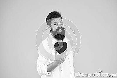 Doing more physical activity quitting smoking reducing amount alcohol. Healthy heart. Man bearded hipster hold red heart Stock Photo