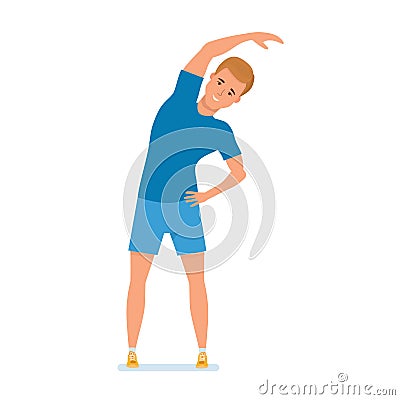 Young athlete does physical exercises, therapeutic gymnastics, incline to side. Vector Illustration