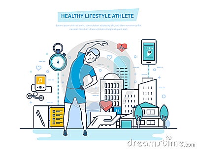 Healthy lifestyle athlete. Using physical exercises and professional training programs. Vector Illustration