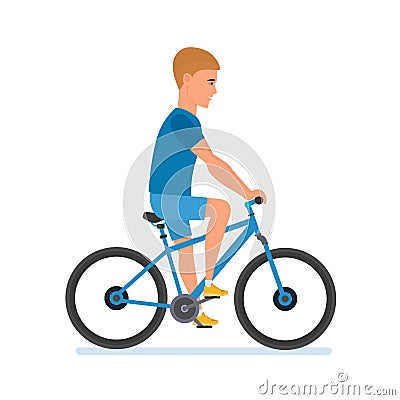 Young athlete goes rides bicycle, races, rolls around city. Vector Illustration
