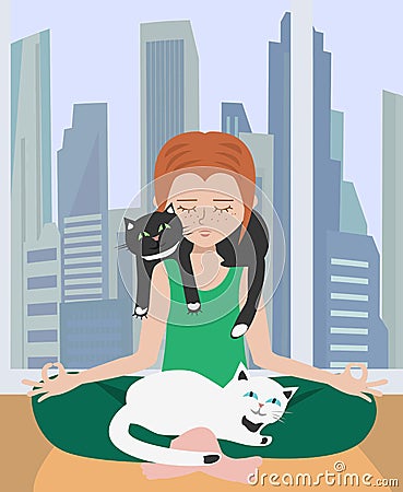 Doing yoga at home with cats Vector Illustration