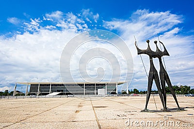 Dois Candangos Monument and Planalto Palace in Brasilia, Brazil Editorial Stock Photo