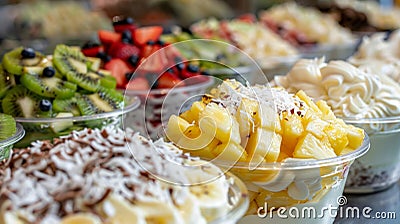 Doityourself sundae bar with an array of toppings including diced pineapples sliced kiwi and shredded coconut Stock Photo