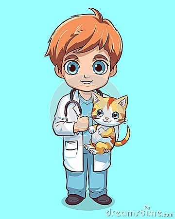 Vector Illustration, A Doctor Holding a Cat, Full Body Vector Illustration