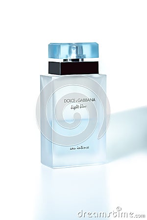 Dolce & Gabbana perfume bottle on white background, light blue parfum. Editorial Stock Photo