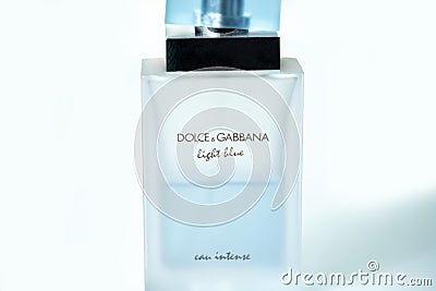 Dolce & Gabbana perfume bottle on white background, light blue parfum. Editorial Stock Photo