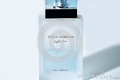 Dolce & Gabbana perfume bottle on white background, light blue parfum. Editorial Stock Photo