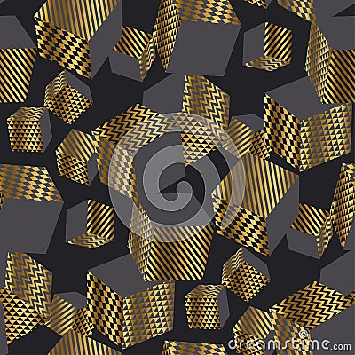 Dold and black 3d geometric cubes seamless pattern. Vector Illustration