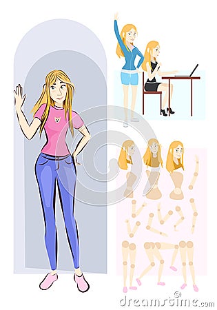 Blonde girl character, body kit, different parts of body different angles Vector Illustration