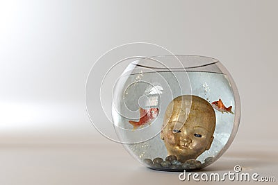 Doll head into a fishbowl Stock Photo