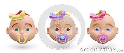 Doll head with pacifier and bow. Set of isolated vector images. Label for children products Vector Illustration