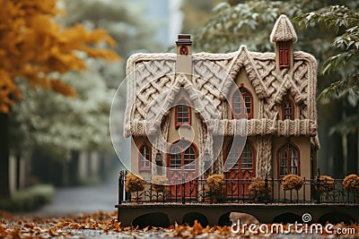 A doll house sitting on top of a pile of leaves, AI Stock Photo