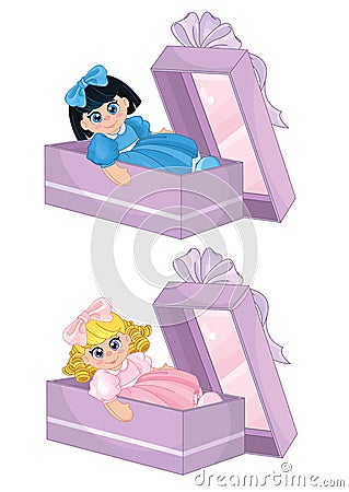 Doll in a Gift Box Set Vector Illustration