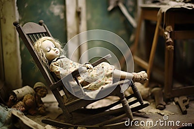 doll lying on a worn-out rocking chair Stock Photo