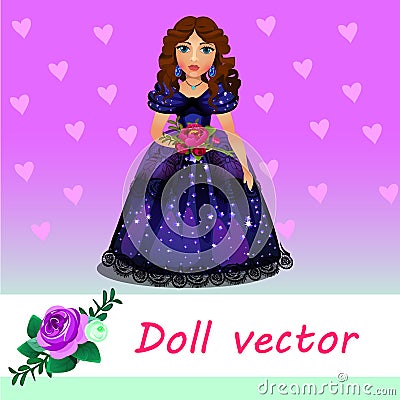 Doll Princess in blue evening dress with flower Vector Illustration