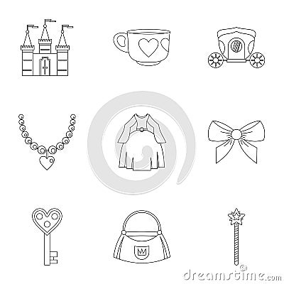 Doll princess icon set, outline style Vector Illustration