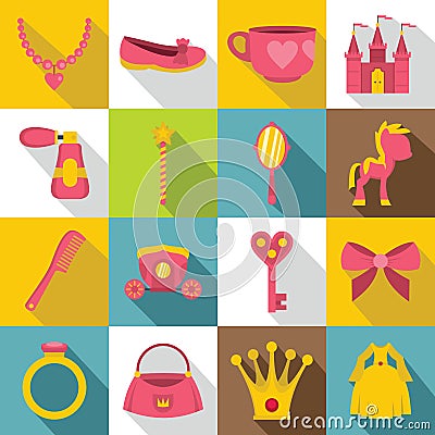 Doll princess items icons set, flat style Vector Illustration