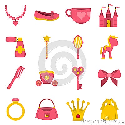 Doll princess items icons set in flat style Vector Illustration