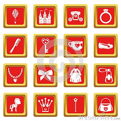 Doll princess items icons set red Vector Illustration