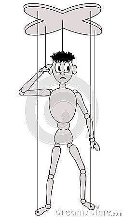 doll on strings salutes with hand, performer and conformism idea Vector Illustration