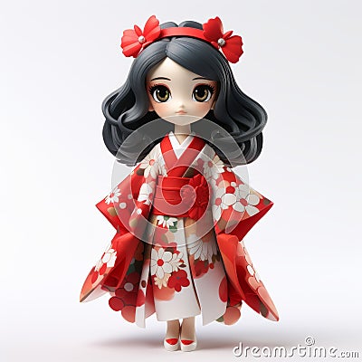 Anime-inspired 3d Render Of Doll In Red Kimono Dress Stock Photo