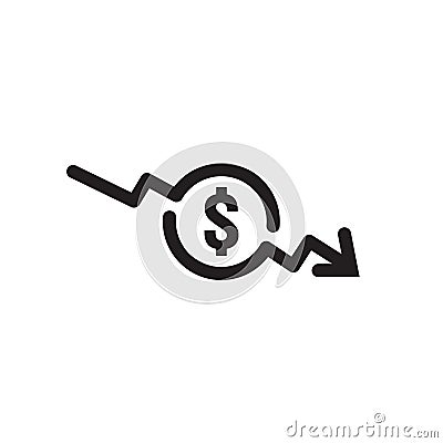dollar arrow decrease icon. Money arrow symbol. economy stretching rising drop fall down. Business lost crisis decrease. lower Vector Illustration