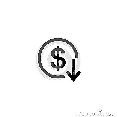 Dollar arrow down rate decrease price value finance icon sign rising business. Vector Illustration