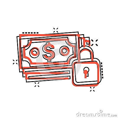 Dollar banknote with lock icon in comic style. Dollar cash safe cartoon vector illustration on white isolated background. Banknote Vector Illustration