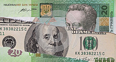 100 dollar banknote through torn 20 Urainian hryvnia banknote Stock Photo