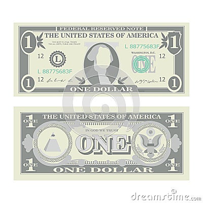 1 Dollar Banknote Vector. Cartoon US Currency. Two Sides Of One American Money Bill Isolated Illustration. Cash Symbol 1 Vector Illustration
