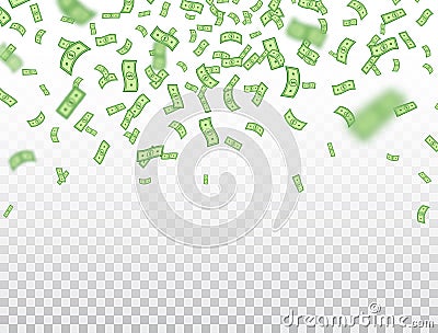 Dollar banknotes falling on transparent background. Dollars icon explosion. Money in a flat style. Cartoon cash sign Vector Illustration