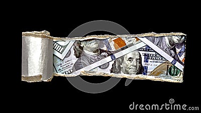 Dollar banknotes through torn black paper. Stop corruption. Black ripped paper with space for text with background of a bunch of Stock Photo