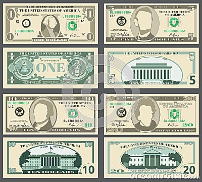 Dollar banknotes, us currency money bills vector set. Vector Illustration