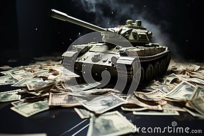 Dollar battleground tank against a background of dollars, war concept Stock Photo