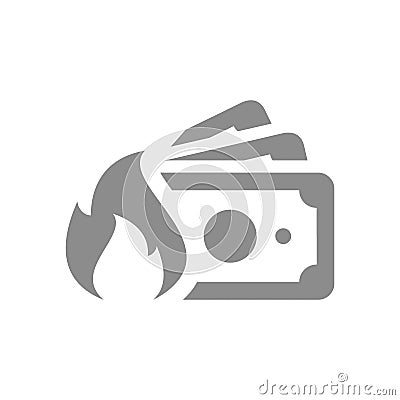 Dollar bill, banknote stack and fire or flame vector icon Vector Illustration