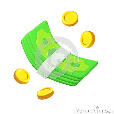Dollar bill. Green 3d render american money. Dollar banknote in cartoon style. Vector illustration isolated Vector Illustration