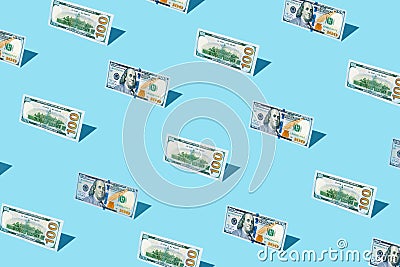 100 dollar bill izometric pattern on bright light blue background. Stock Photo