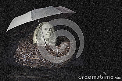 100 Dollar Bill Nest Egg with Umbrella Stock Photo