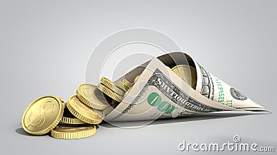 Dollar bill paper envelope with dollar coins inside 3d render on grey gradient Stock Photo