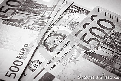 1 dollar bill versus 500 euro money banknotes Stock Photo