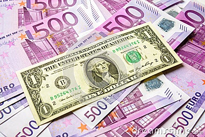 1 dollar bill versus a lot of 500 euro money banknotes Stock Photo