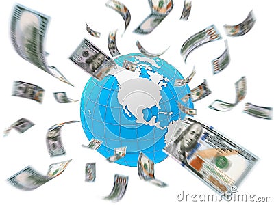Dollar Bills Flying Around the Globe Stock Photo