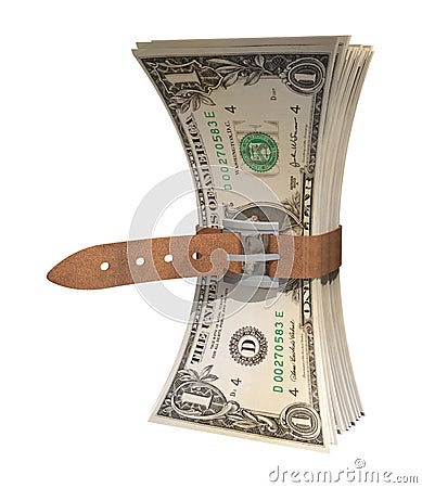 Dollar bills squeezed together by leather belt Stock Photo