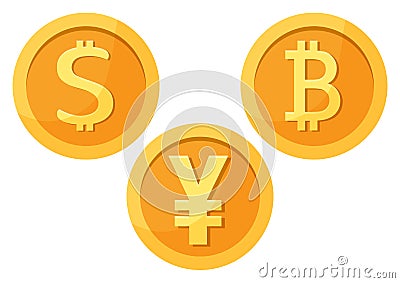 Dollar, bitcoin, yuan. Vector illustration Cartoon Illustration