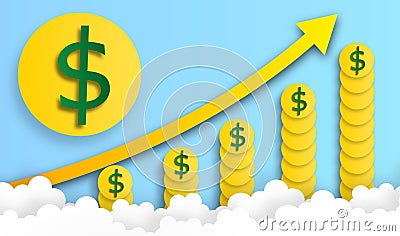 Dollar coin arrange in graph shape rise in the sky with cloud, vector ,illustration, paper art Vector Illustration