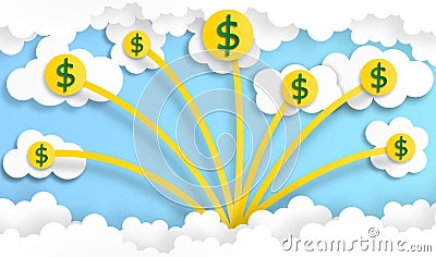 Dollar coin arrange in graph shape rise in the sky with cloud, vector ,illustration, paper art Vector Illustration