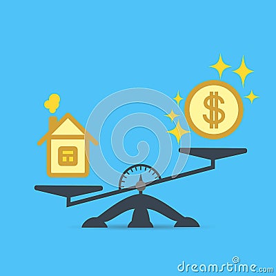 A dollar coin and a house on the scales. Money and house scales icon. Real estate, rent, expenses. Vector. Vector Illustration