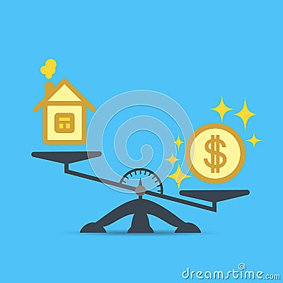 A dollar coin and a house on the scales. Money and house scales icon. Real estate, rent, expenses. Vector. Vector Illustration