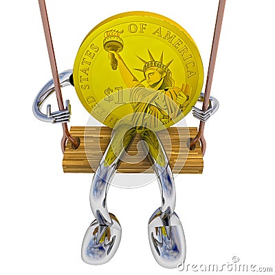Dollar coin robot swinging on a swing front view illustration Cartoon Illustration