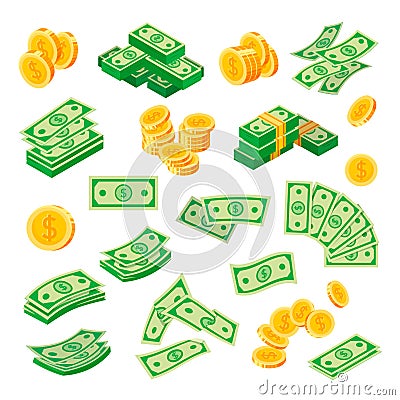 Dollar coins and bills, paper banknote set Vector Illustration